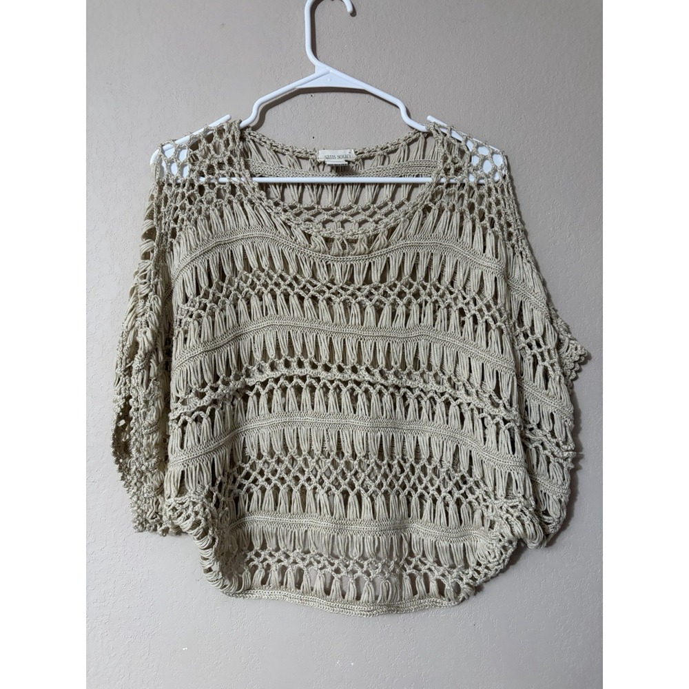 Sans Souci Beige Womens Medium Crocheted Cover Up Top Cropped ,Boho, Acrylic